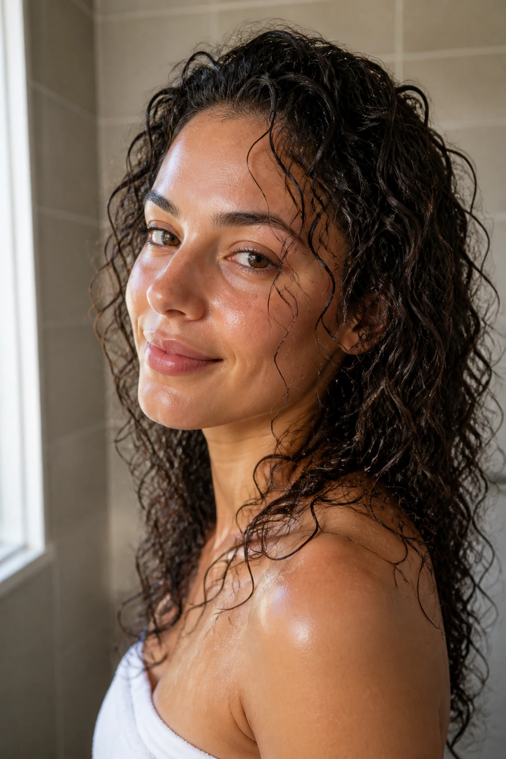 Close-up of a real person with curly damp hair in a softly lit bathroom