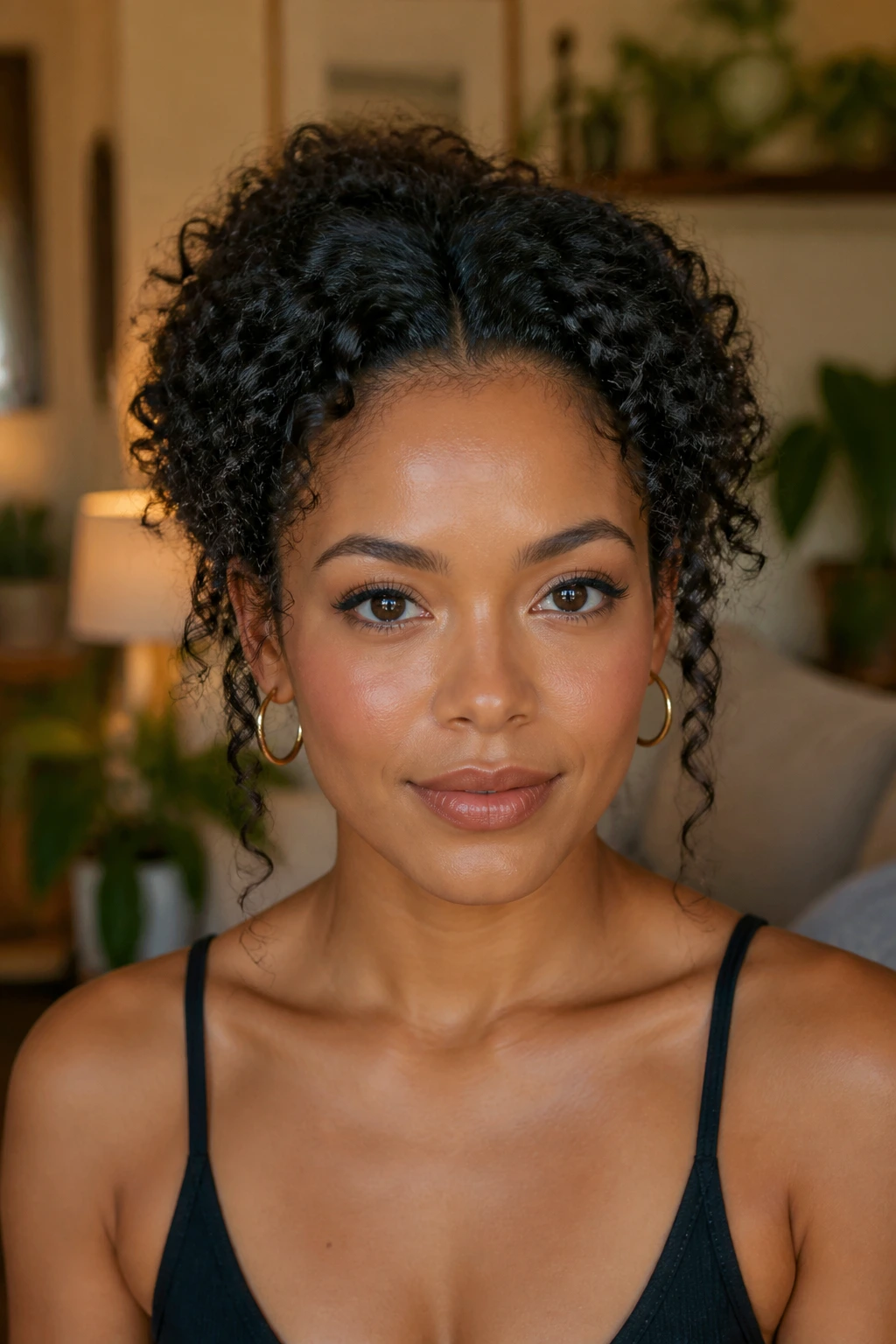 Front portrait of a real woman with a curly halo hairstyle
