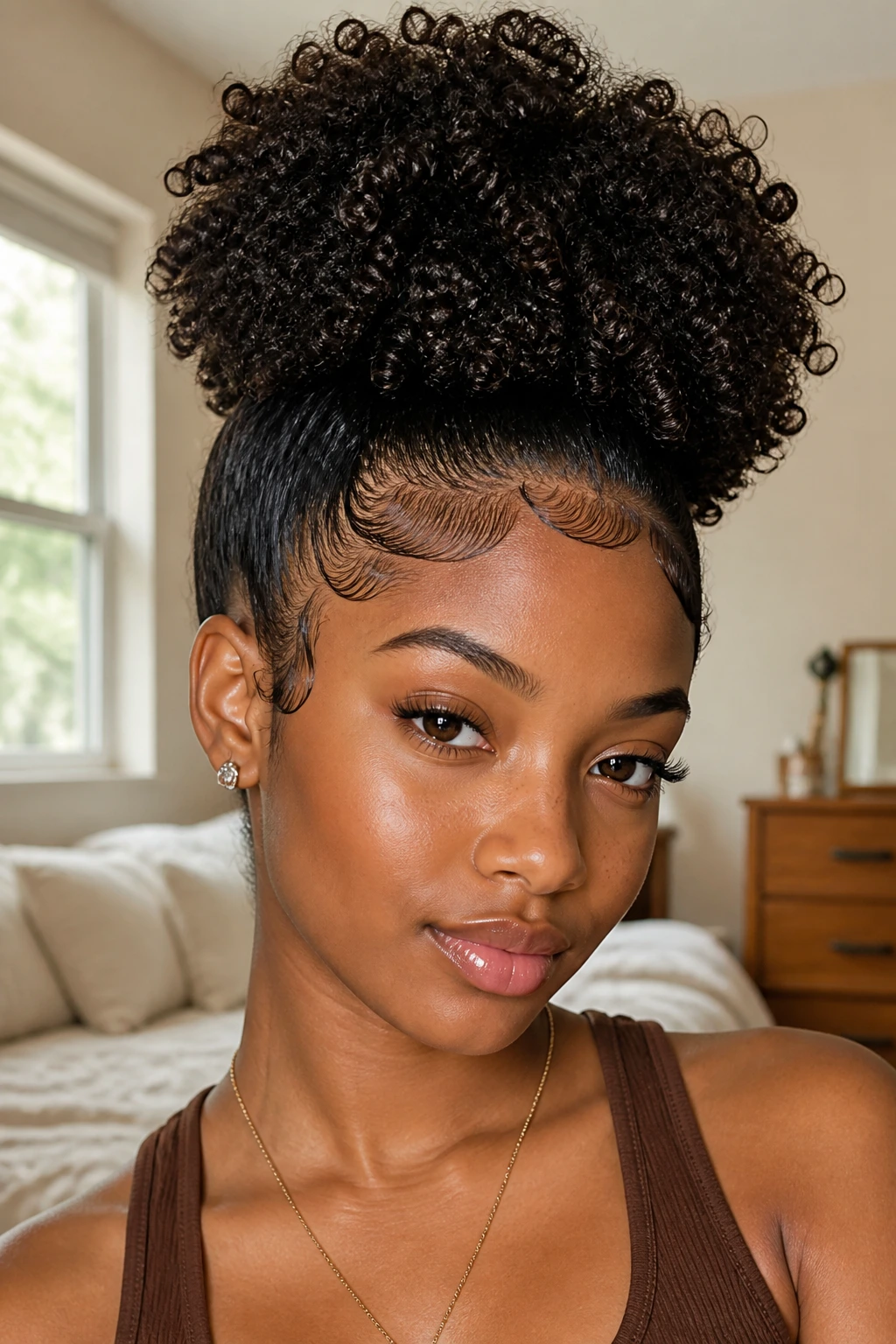 Close-up of curly hair textured high-puff with defined edges