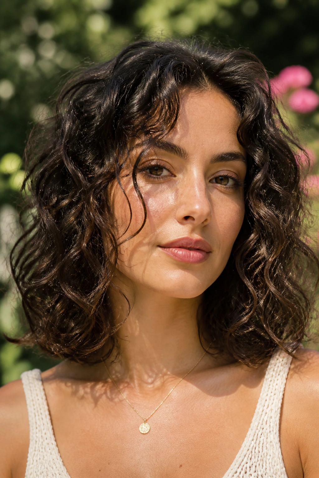 Close-up of a real woman with a curly lob and long face-framing curls