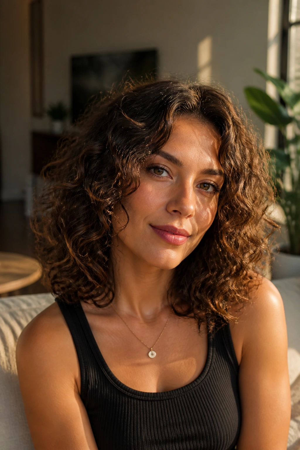 Close-up of a real woman with curly long bob hairstyle