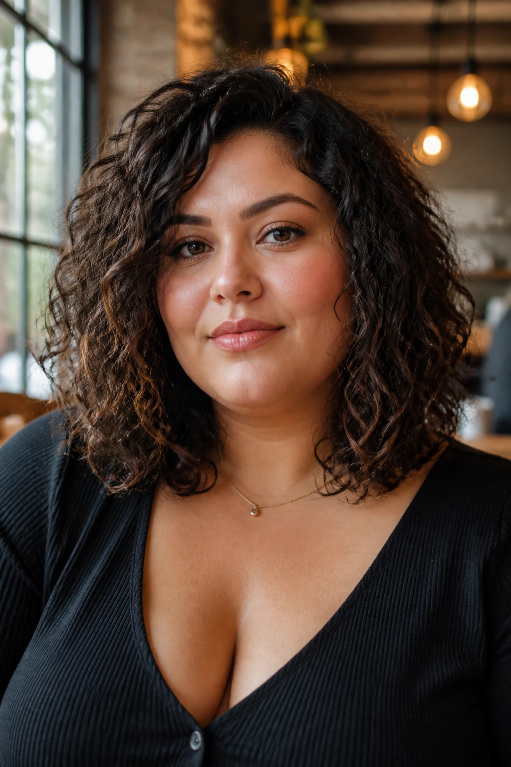 Close-up of a real woman with shoulder-length curly lob in cafe light