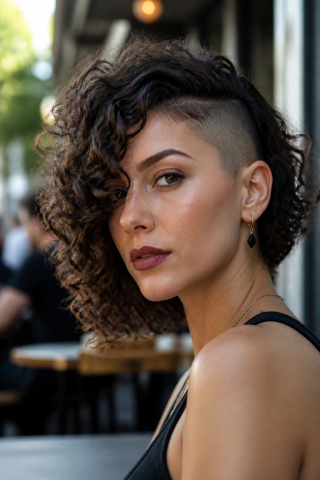 Close-up portrait of a real person with a curly lob and shaved sides emphasizing curls and face