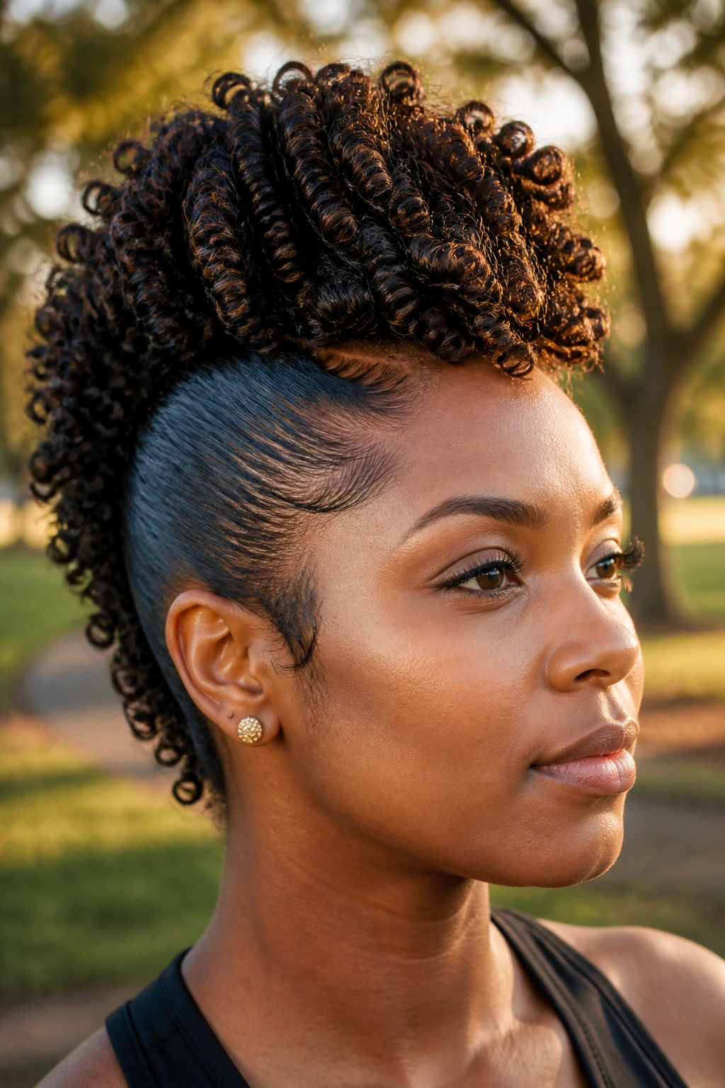 Close-up of a real woman with a curly mohawk in a park at golden hour