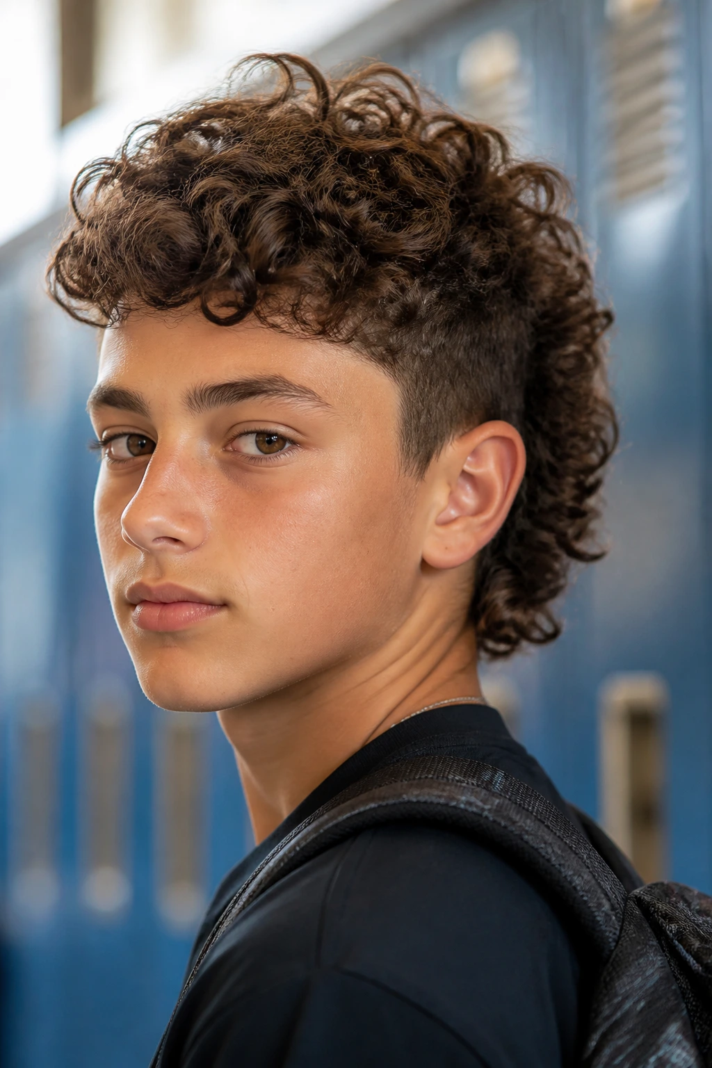 Close-up portrait of a real boy with a no-fade curly Mohawk in a school hallway