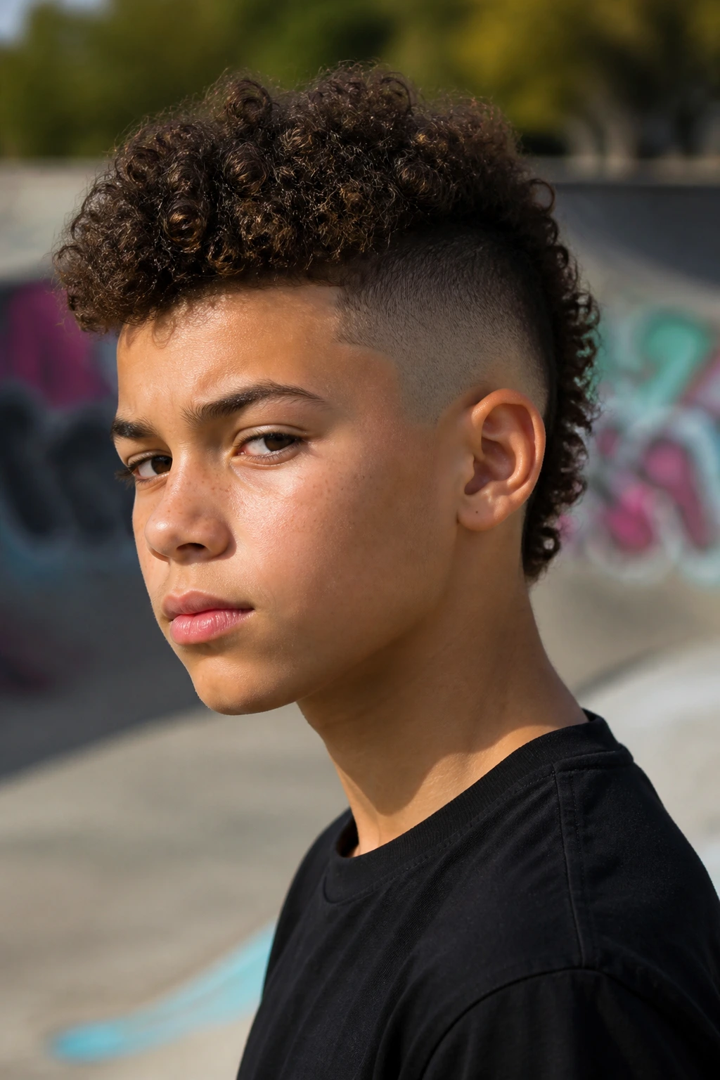 Real boy with curly mohawk fade at a skate park