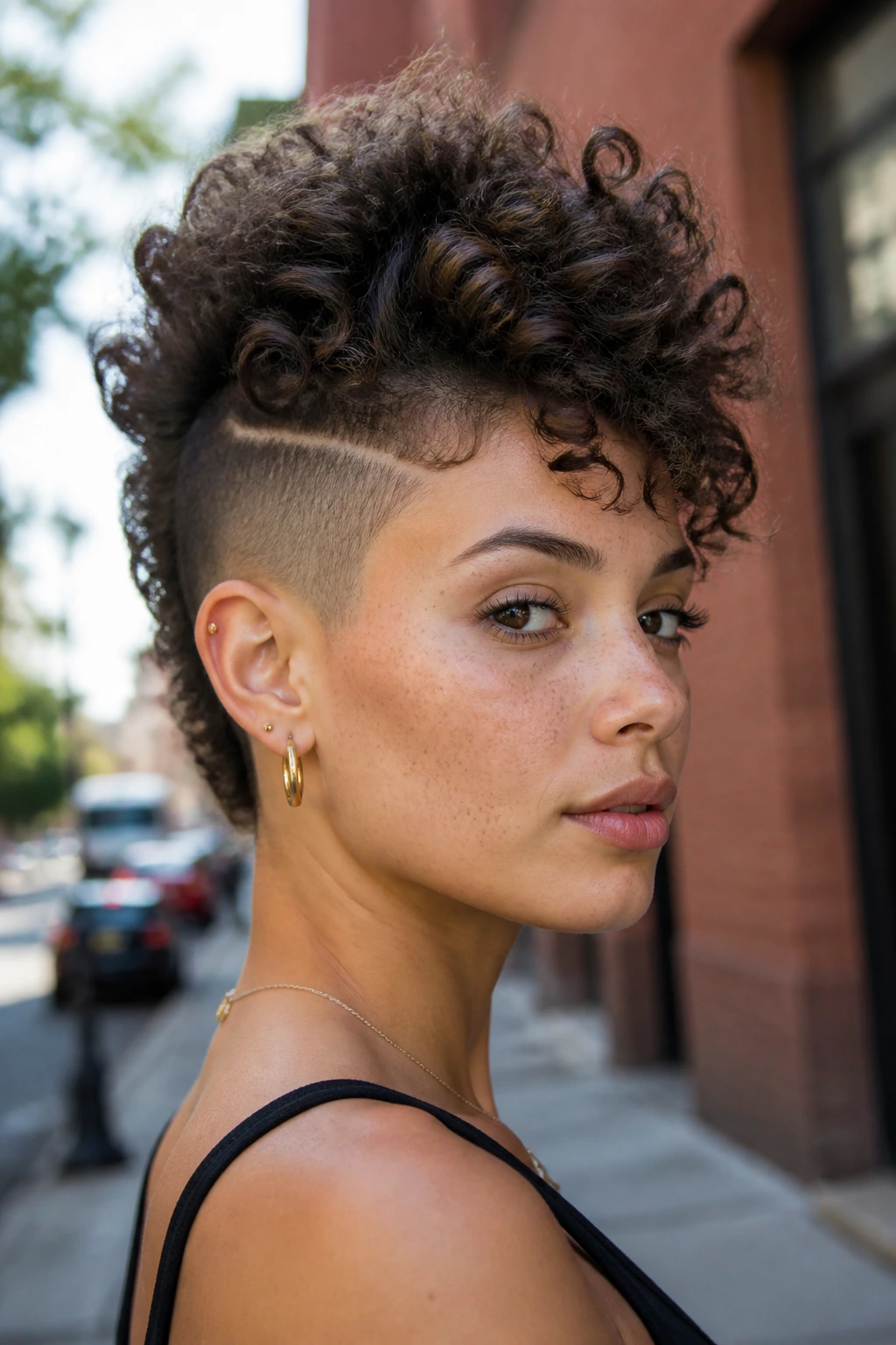 Real woman with curly mohawk pixie hairstyle, shaved sides and tall curly crown.