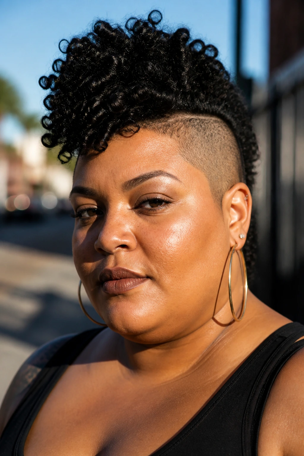Close-up portrait of a real person with a curly mohawk against an urban street backdrop