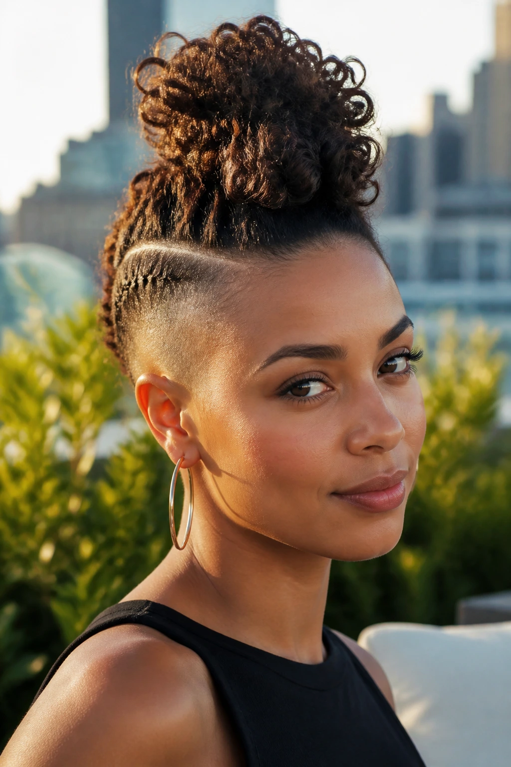 Close-up portrait of a person with a curly top-knot mohawk