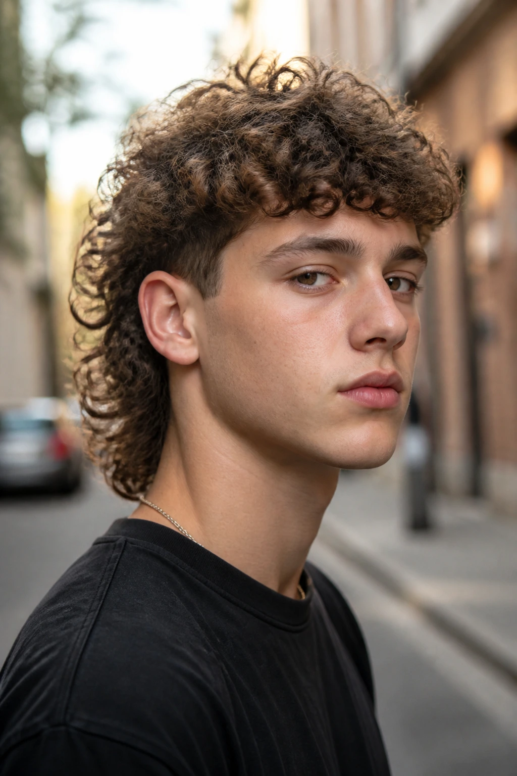 Boy with curly mullet, shorter top and longer back.