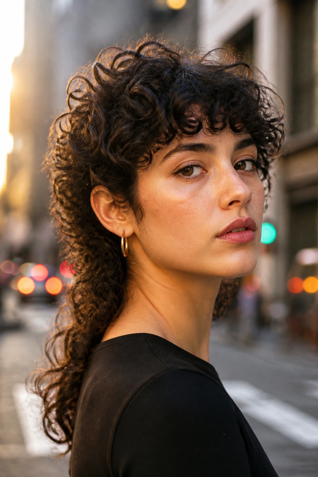 Close-up portrait of a real woman with a modern curly mullet in golden hour city light