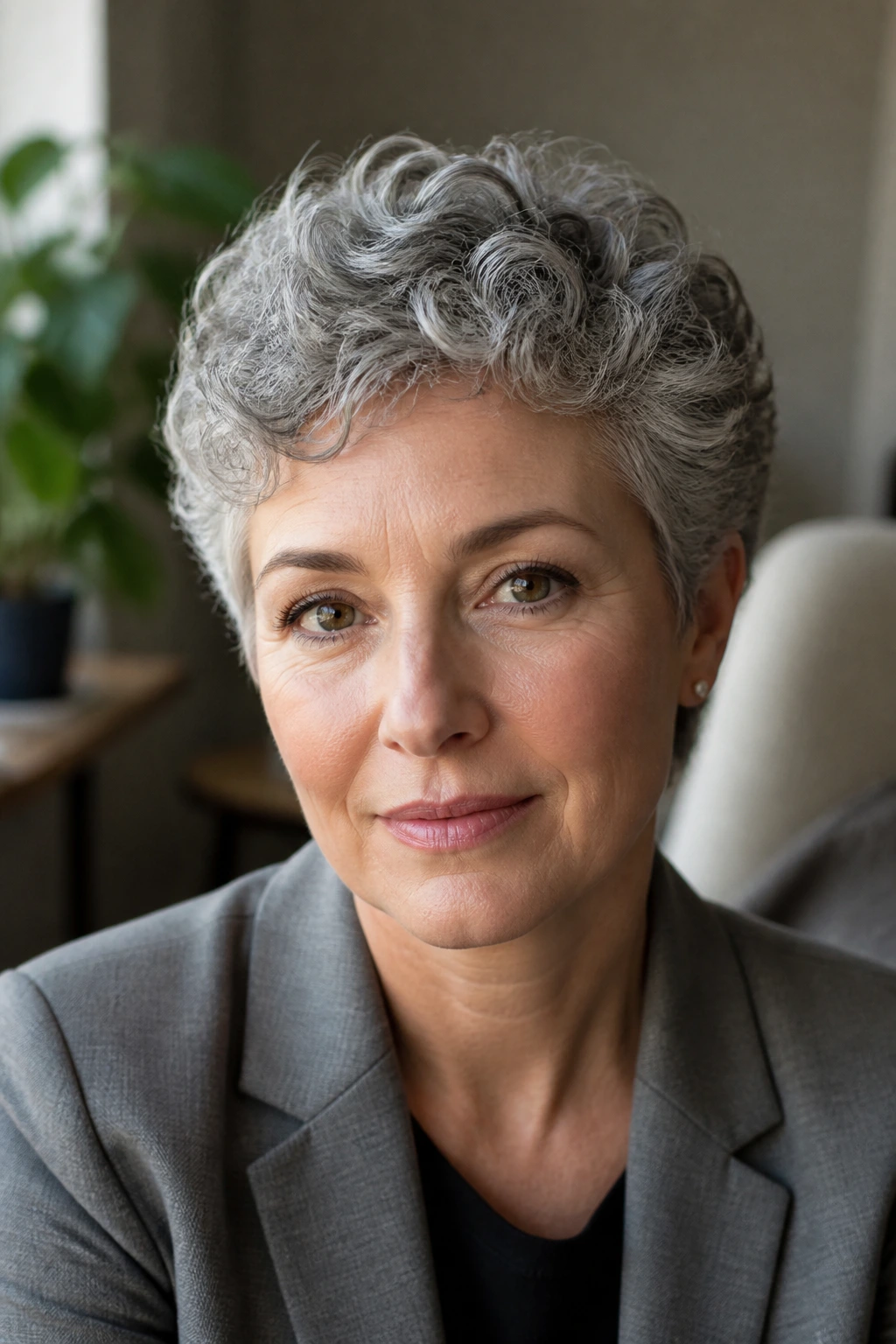 Close-up portrait of a real woman with curly grey pixie hairstyle in an office