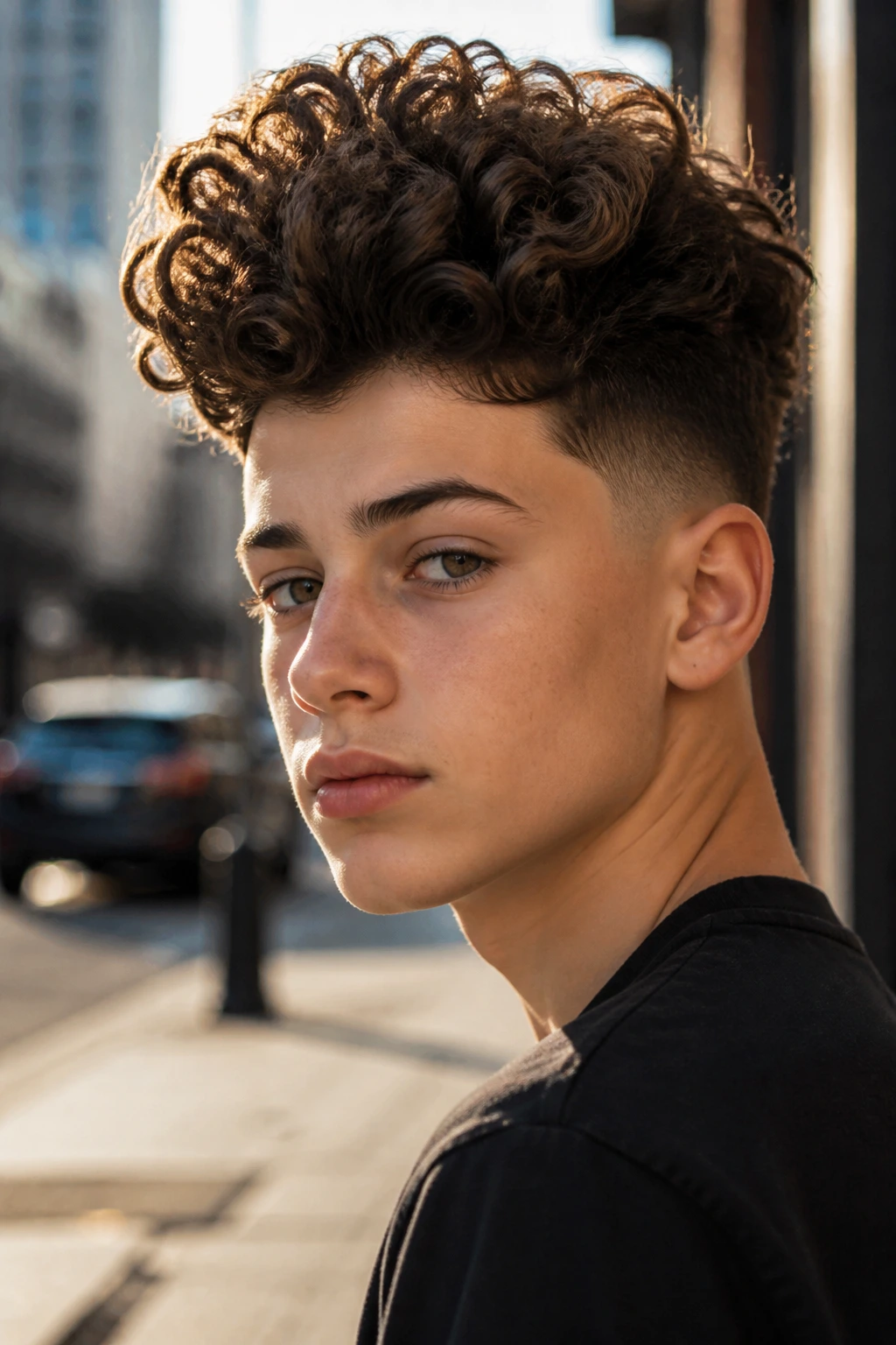 Real boy with a high-volume curly pompadour on an urban street