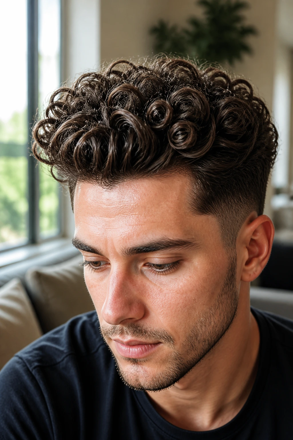 Close-up portrait of a real person with curly pompadour styling in natural light