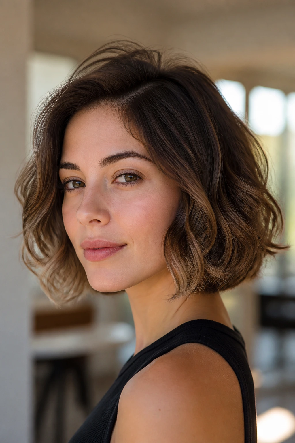 Portrait of a real woman with curly-root bob and lifted crown
