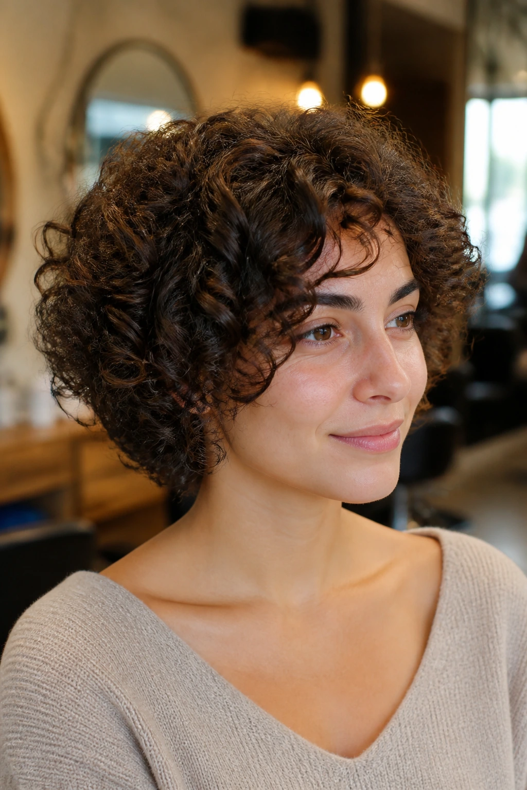 Close-up of a real woman with a curly, round-cut that follows head shape.