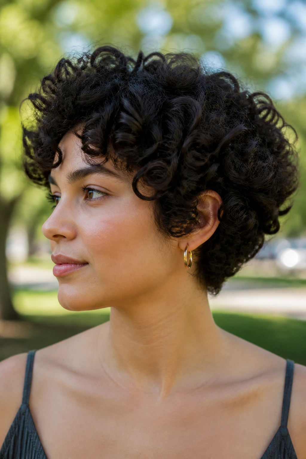 Close-up profile of a real woman with a curly rounded crop in natural daylight