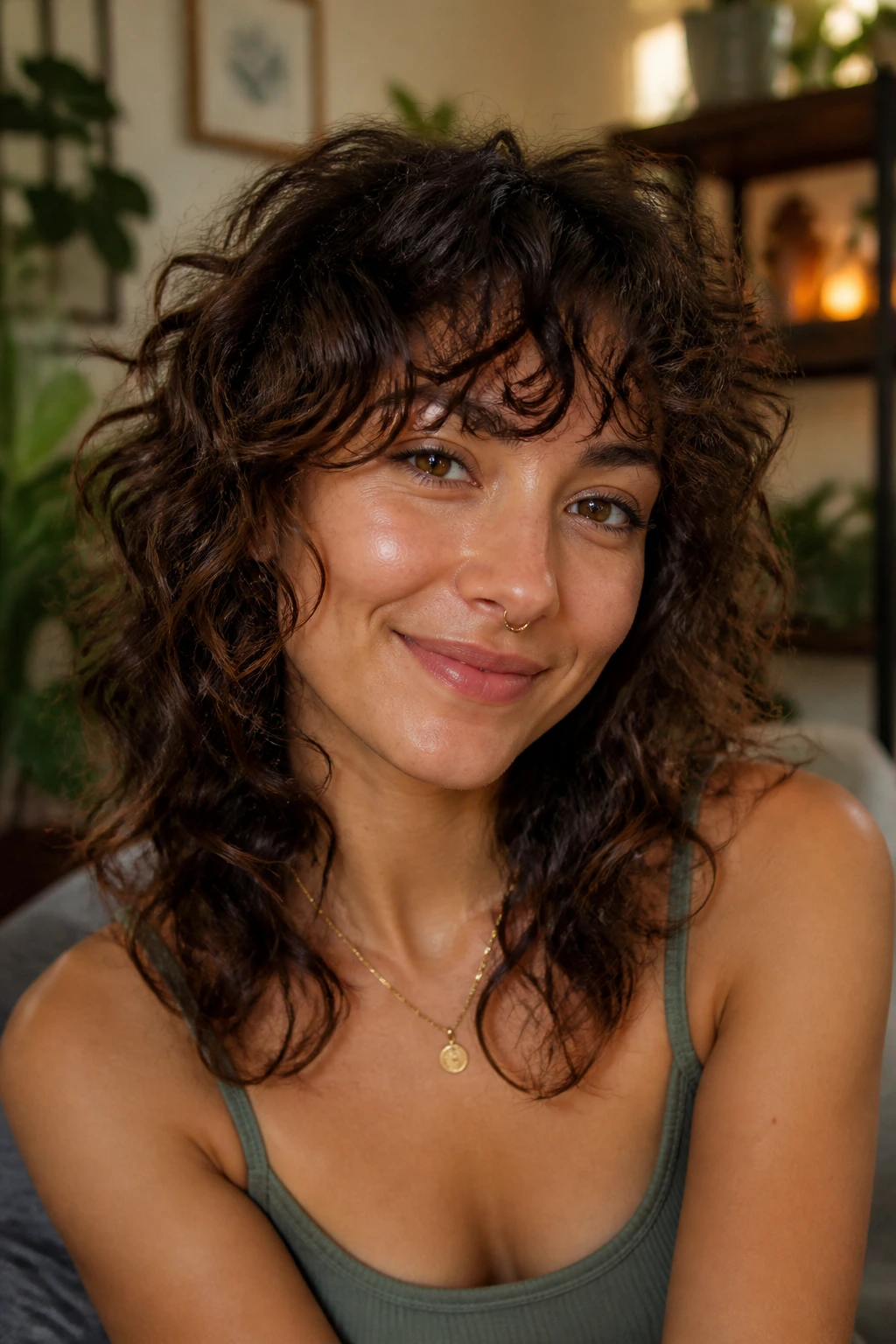 Real person with curly shag and bangs close-up portrait