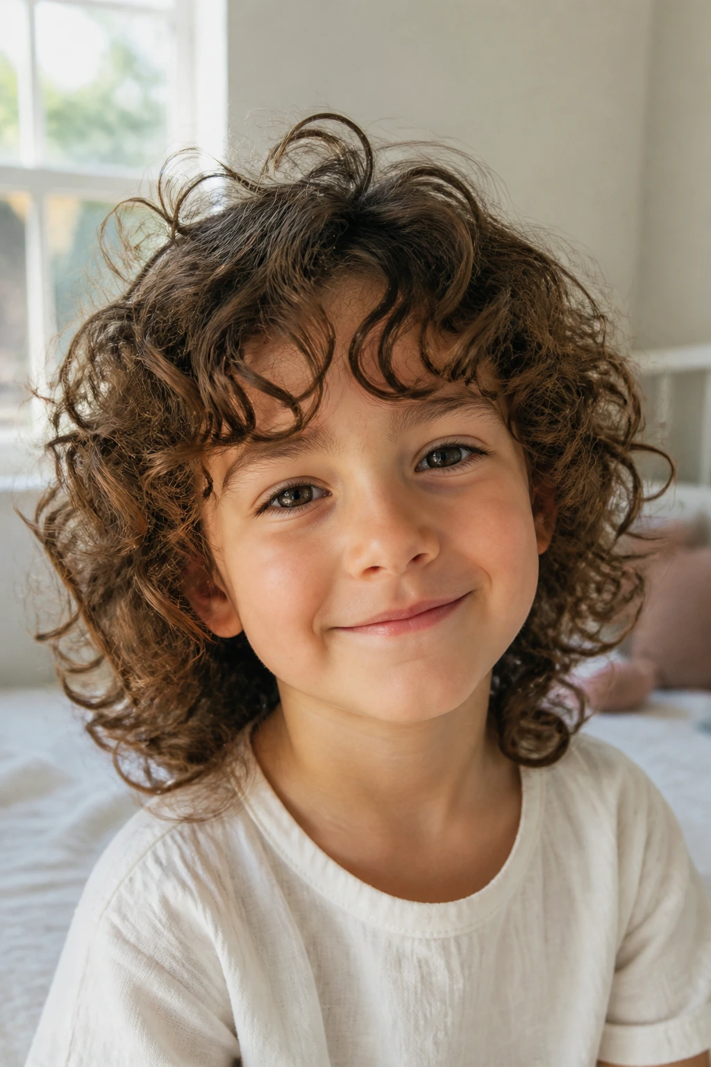 Close-up of a real child with curly shag hairstyle and layered curls for volume