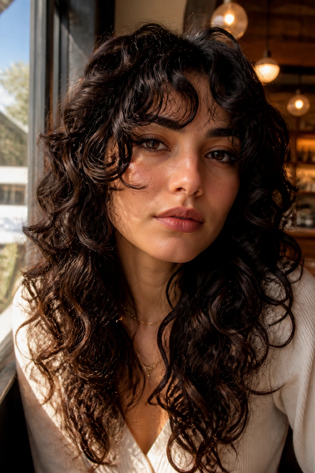 Real woman with curly shag and curtain bangs, showy curls around the face.