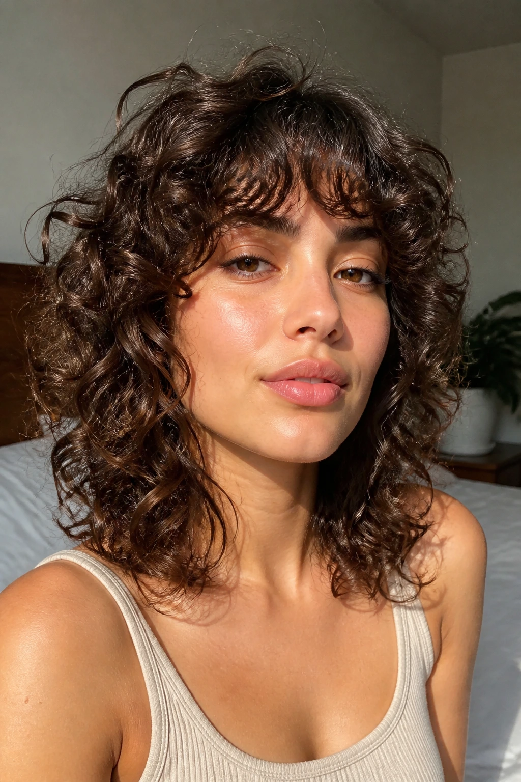 Close-up portrait of a woman with curly shag hairstyle framing cheeks and jaw