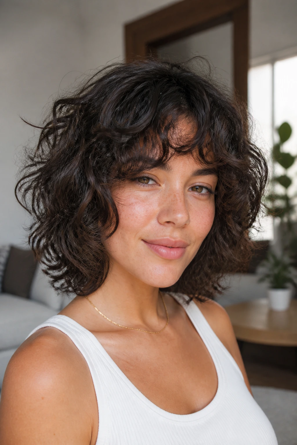Portrait of a real person with curly shag hairstyle and soft layers.