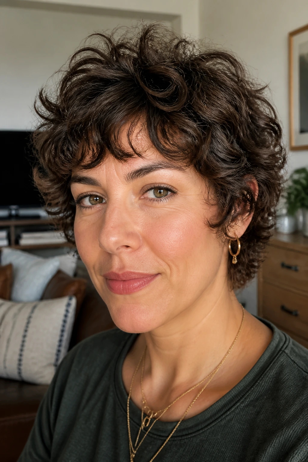 Close-up of a real person with curly shag pixie hairstyle in natural light.
