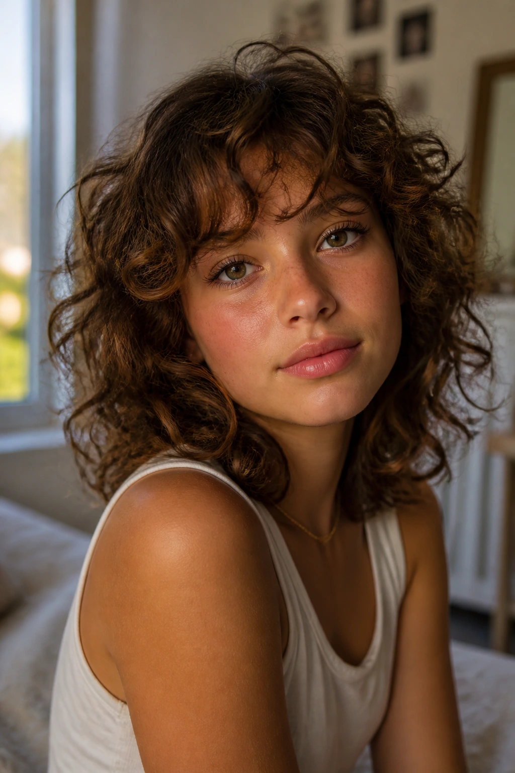 Close-up portrait of teen girl with curly shag hairstyle in warm bedroom light