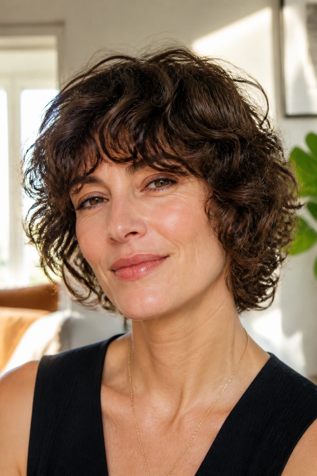 Close-up of a real woman's curly ear-length shag hairstyle