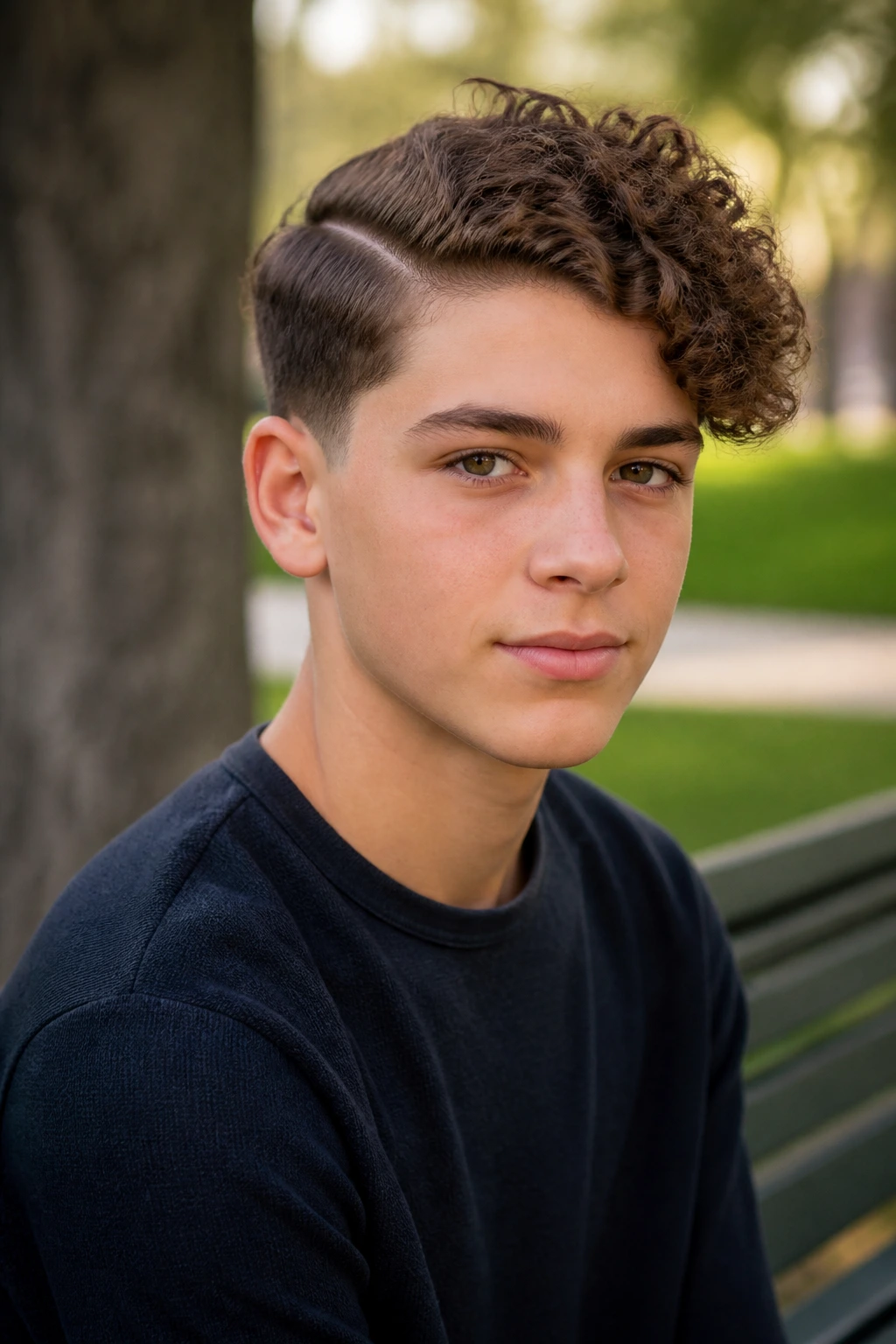 Boy with curly side-part hairstyle, part line visible.