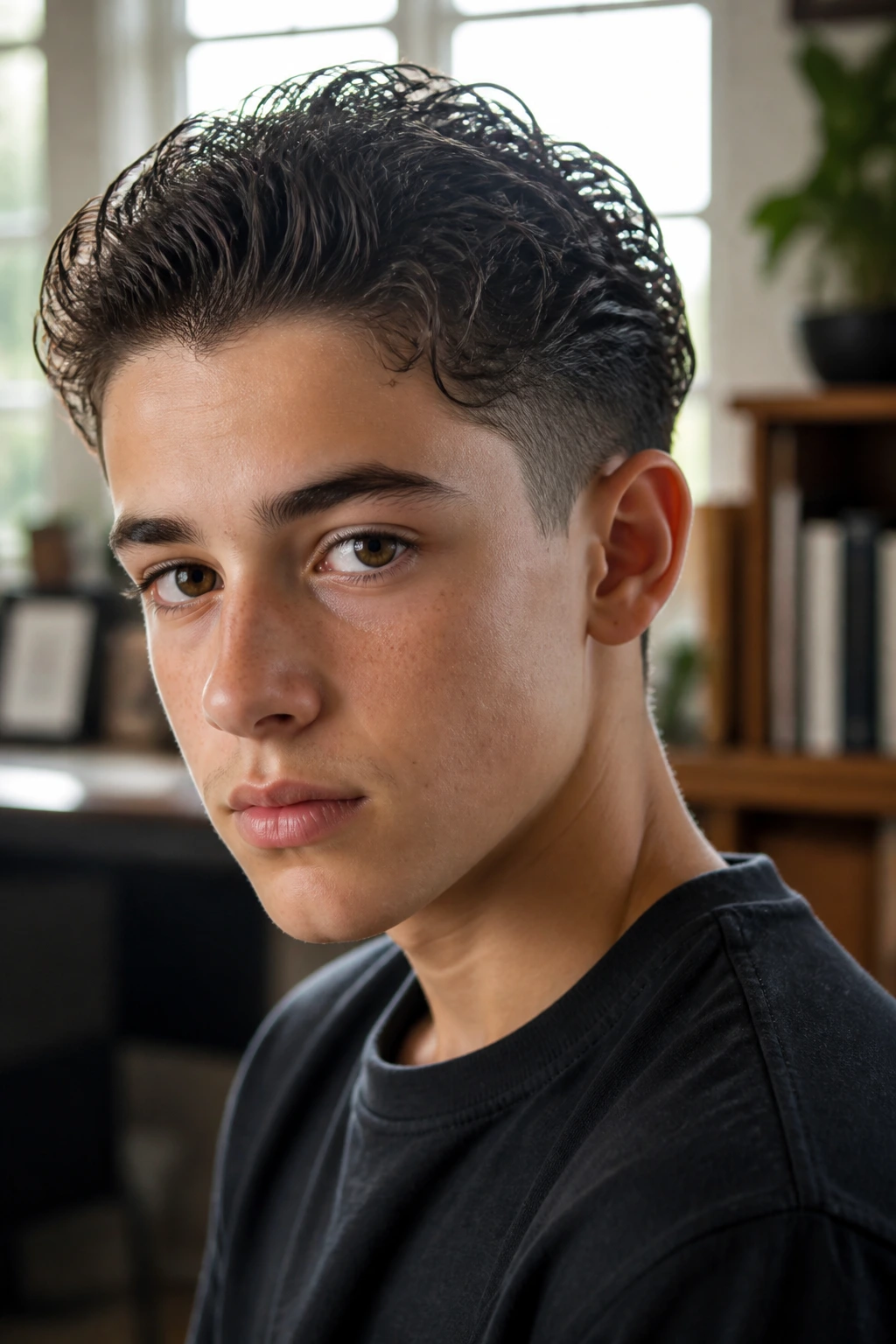 Close-up portrait of a real boy with curly slick back hairstyle