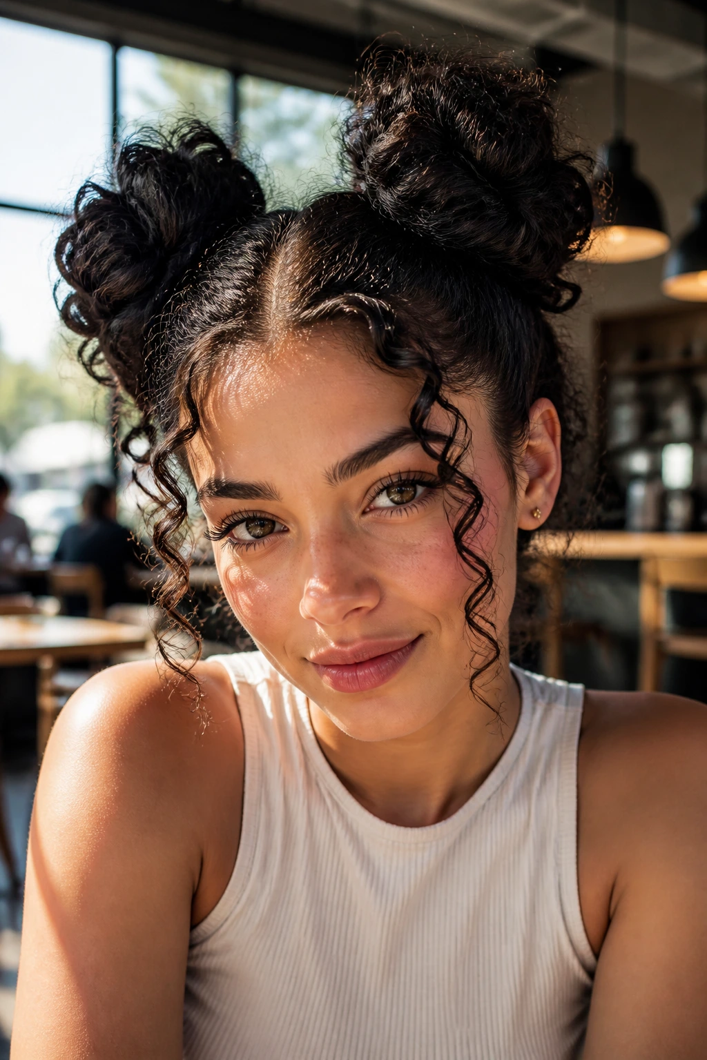 Close-up of a real woman with two high space buns on curly hair.