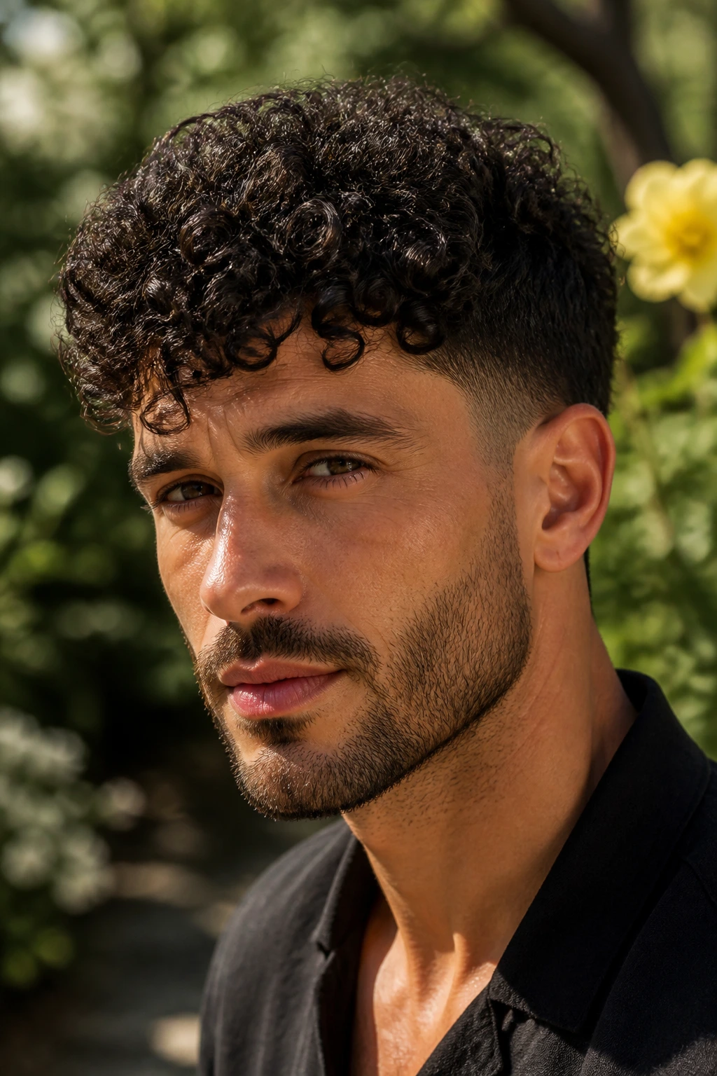 Portrait of a real man with curly taper hairstyle in a garden