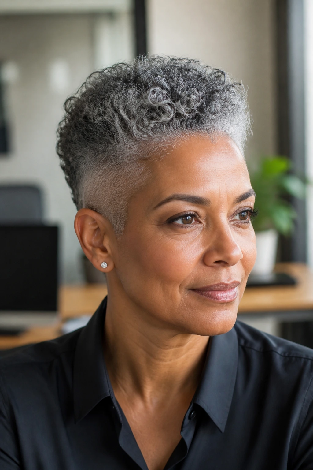 Close-up of a real person with a curly tapered cut in an office setting.
