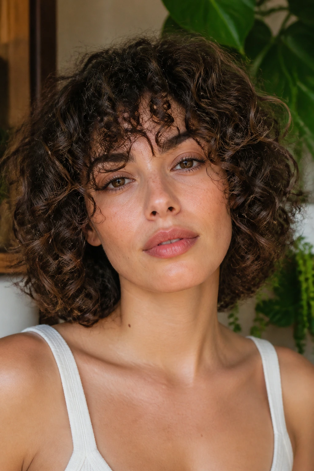 Close-up of a real woman with a curly textured bob