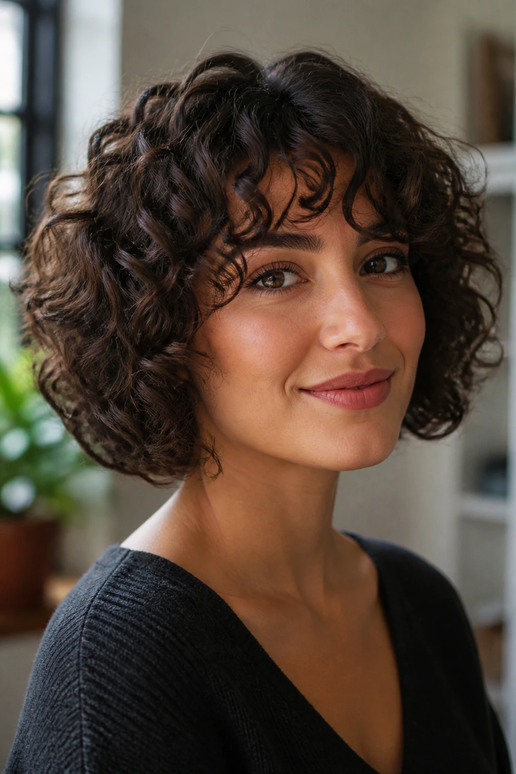 Brunette with curly-textured rounded bob close-up