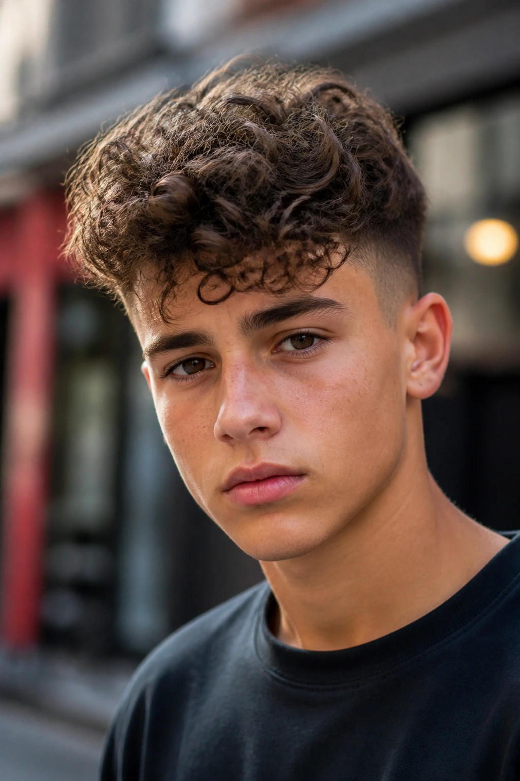 Close-up portrait of a real boy with curly textured quiff outdoors