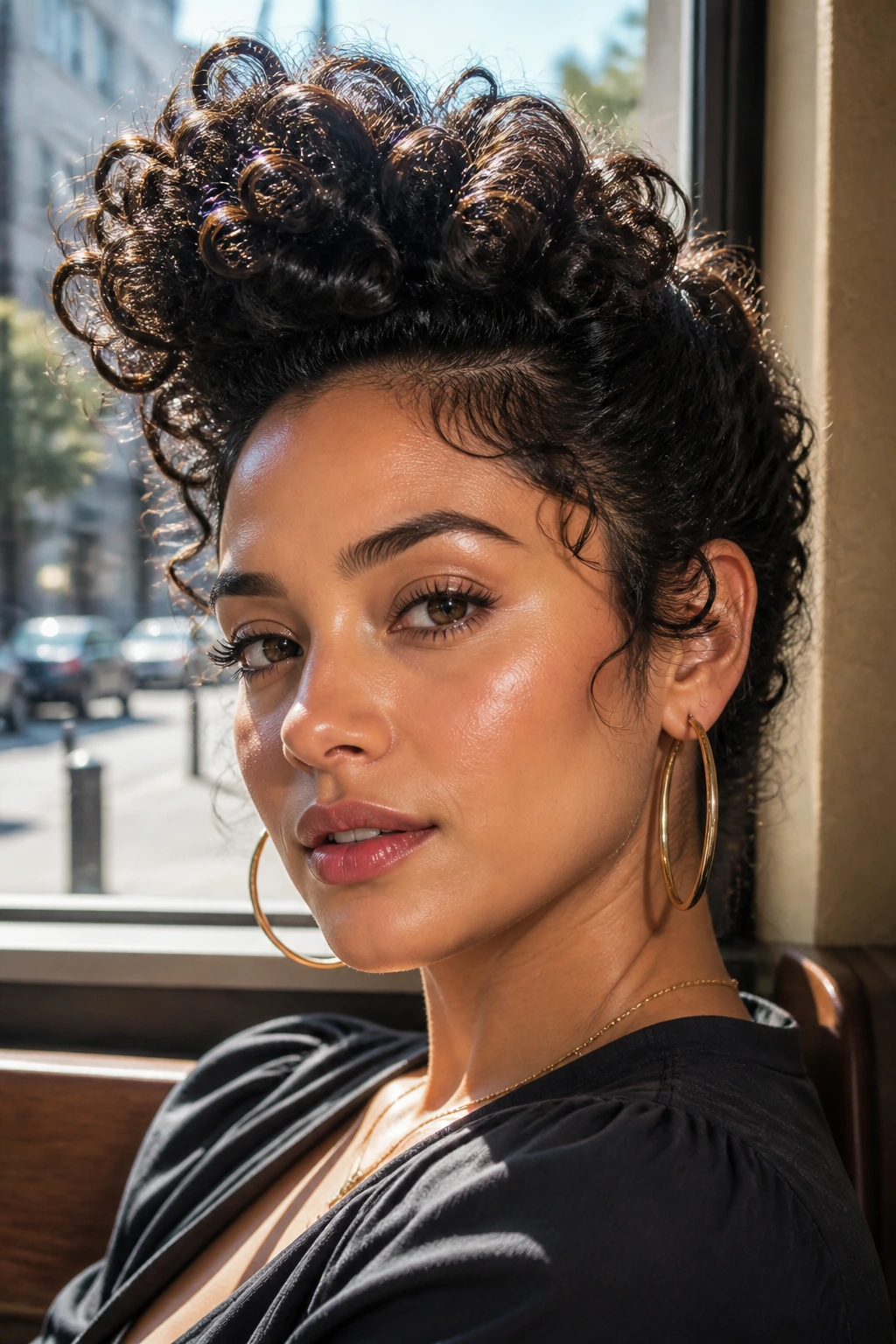 Close-up portrait of a real person with curly textured quiff and natural curls in a sunlit cafe