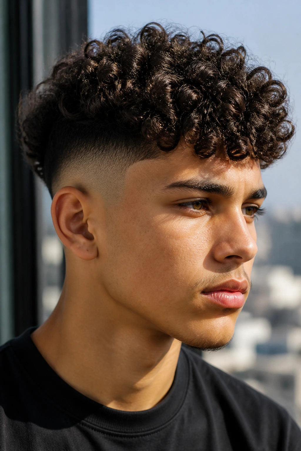 Close-up of a real person with curly top and fade sides in natural daylight