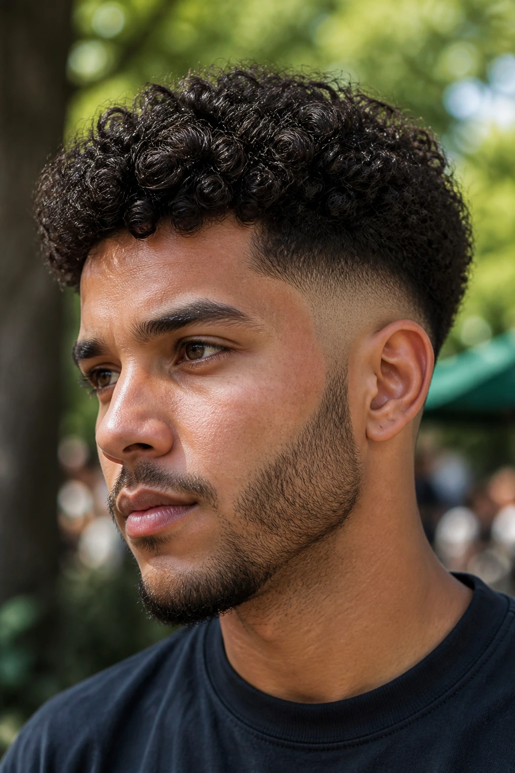 Close-up portrait of a man with curly top and tapered sides outdoors