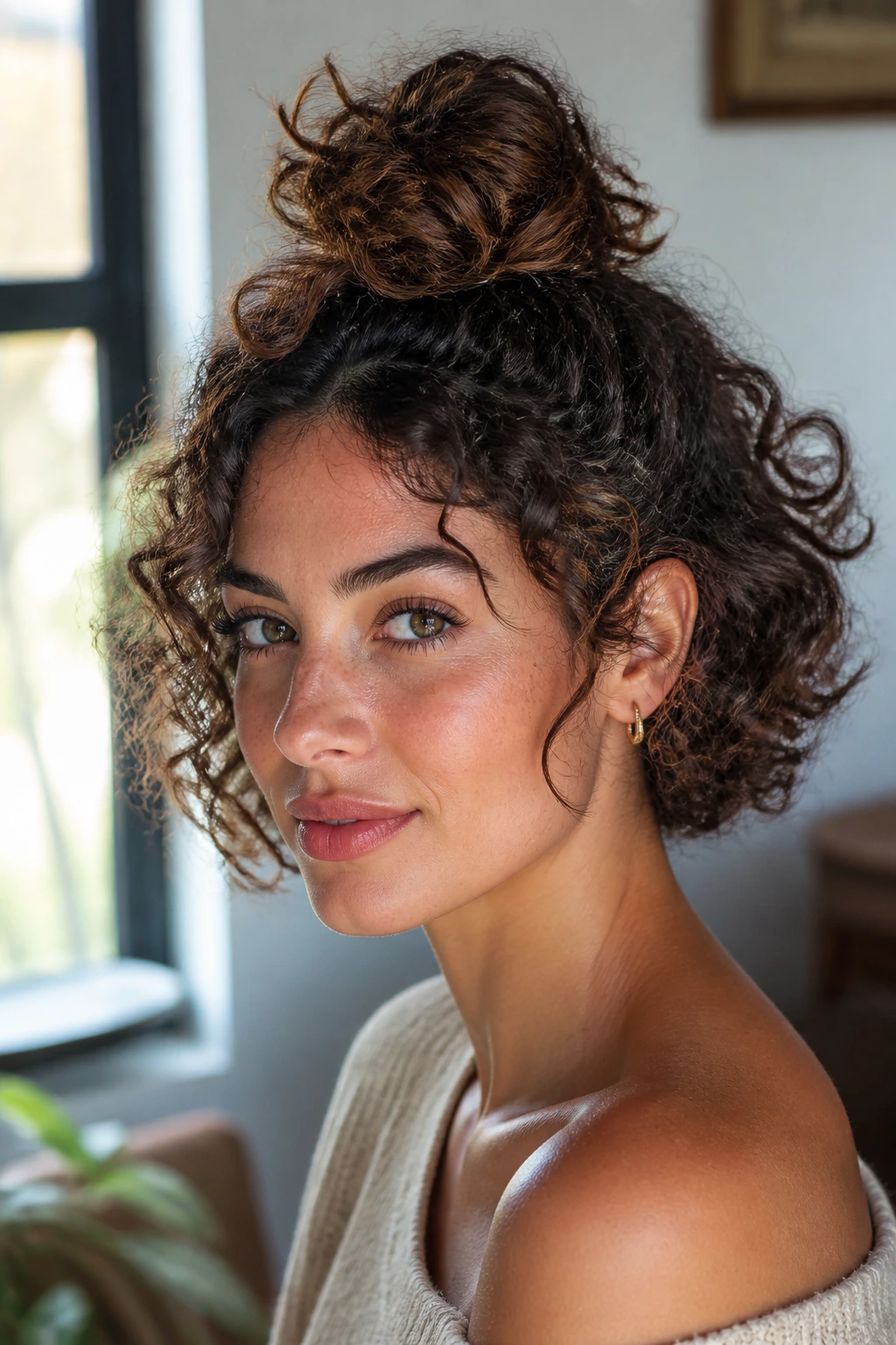 Portrait of a real woman with a high curly top-knot on a bob, curls framing her face.