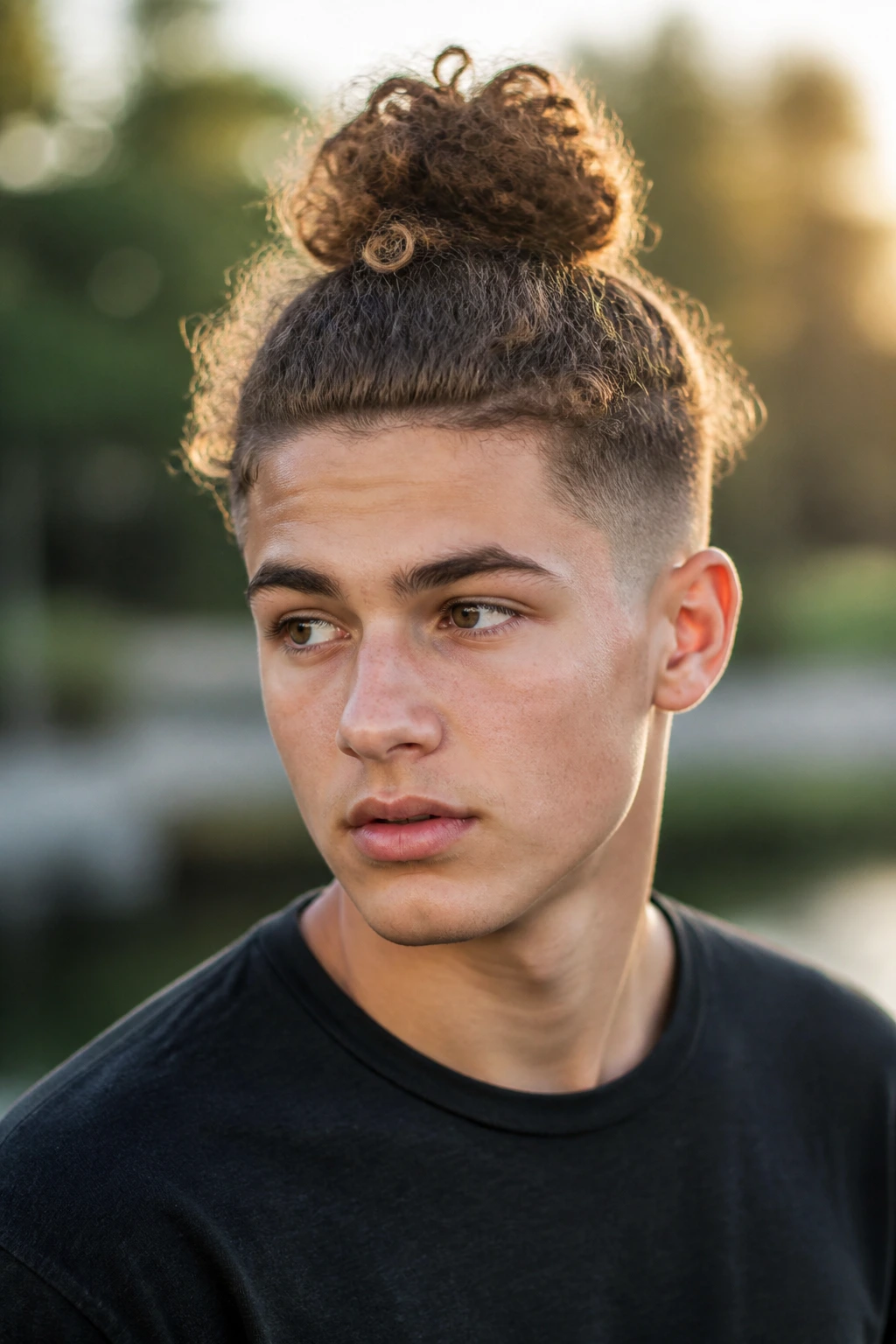Boy with curly top knot hairstyle, top knot tied.