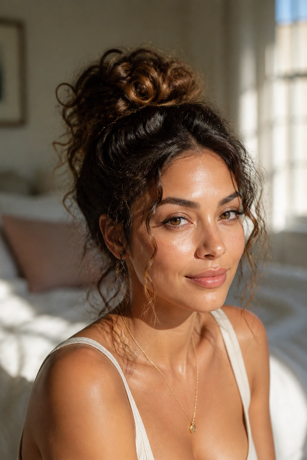 Close-up of a real woman with curly top-knot and wispy tendrils