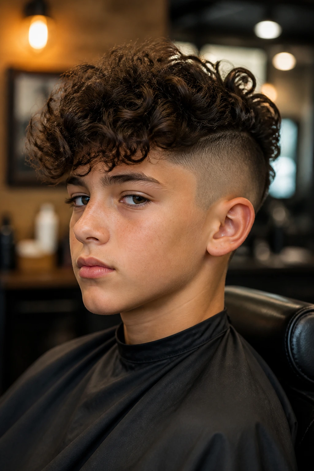 Portrait of a real boy with curly undercut showing shaved sides and curly top