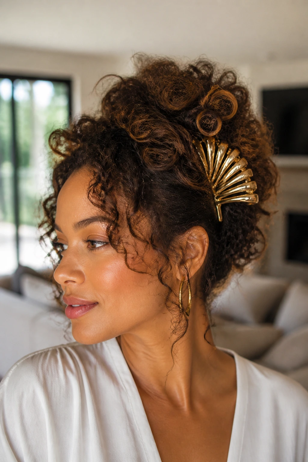 Portrait of a woman with a curly updo and a bold off-center hair accessory
