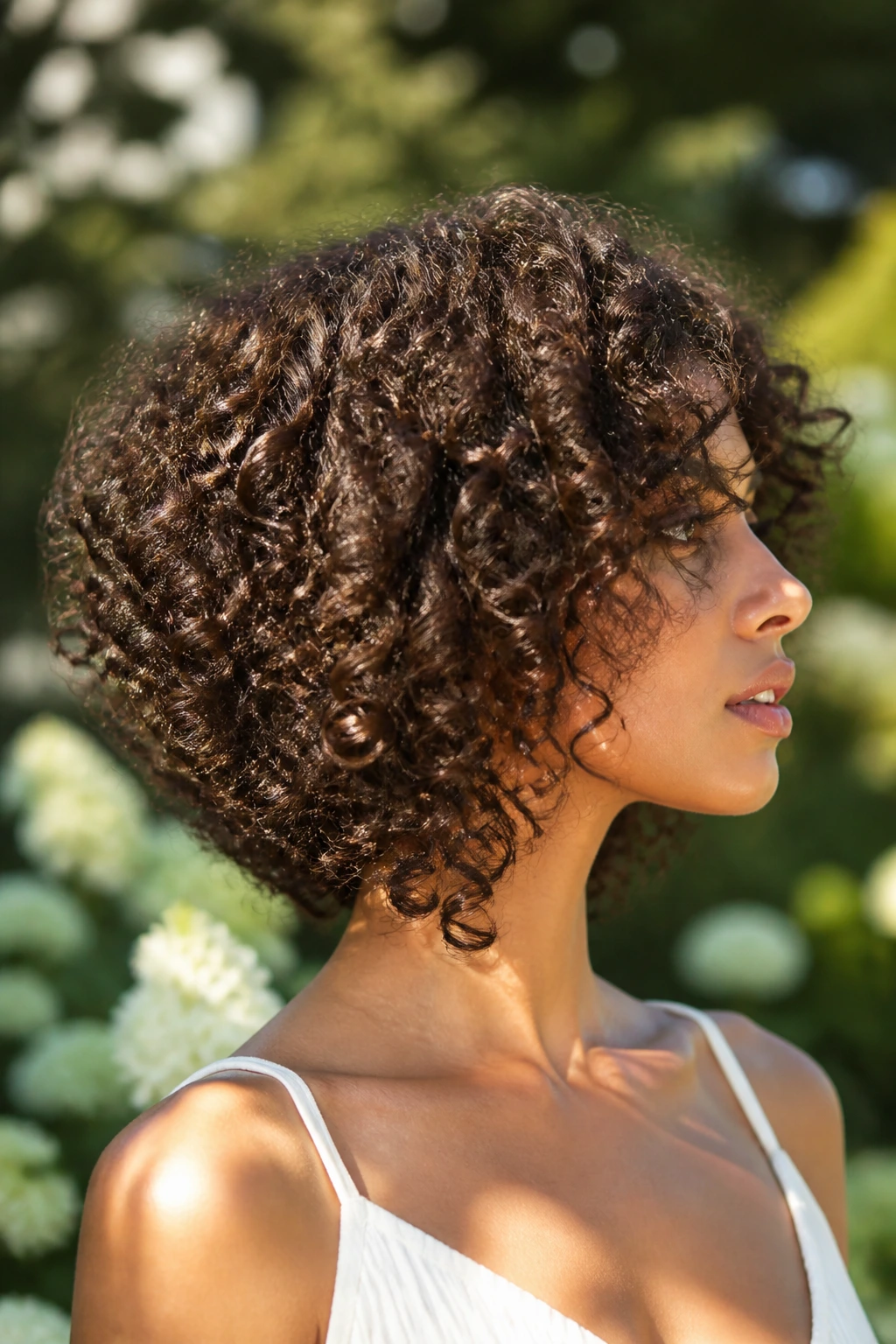 Portrait of a real woman with curly V-cut hairstyle forming a V silhouette.