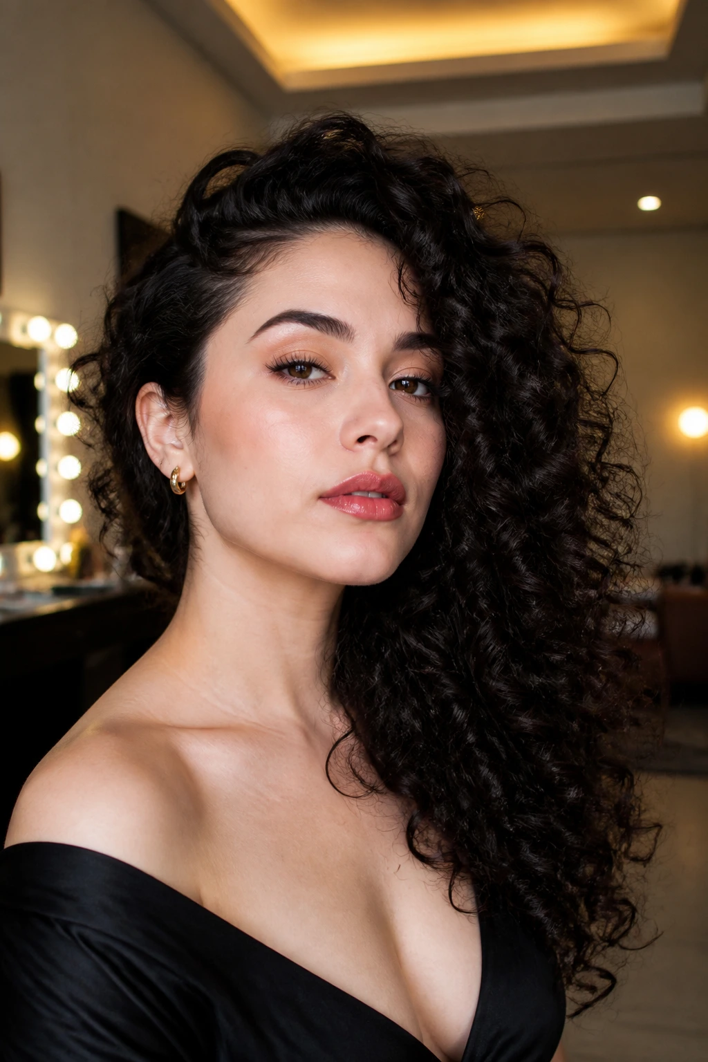 Real-person portrait with curly hair swept to one side for dramatic volume.