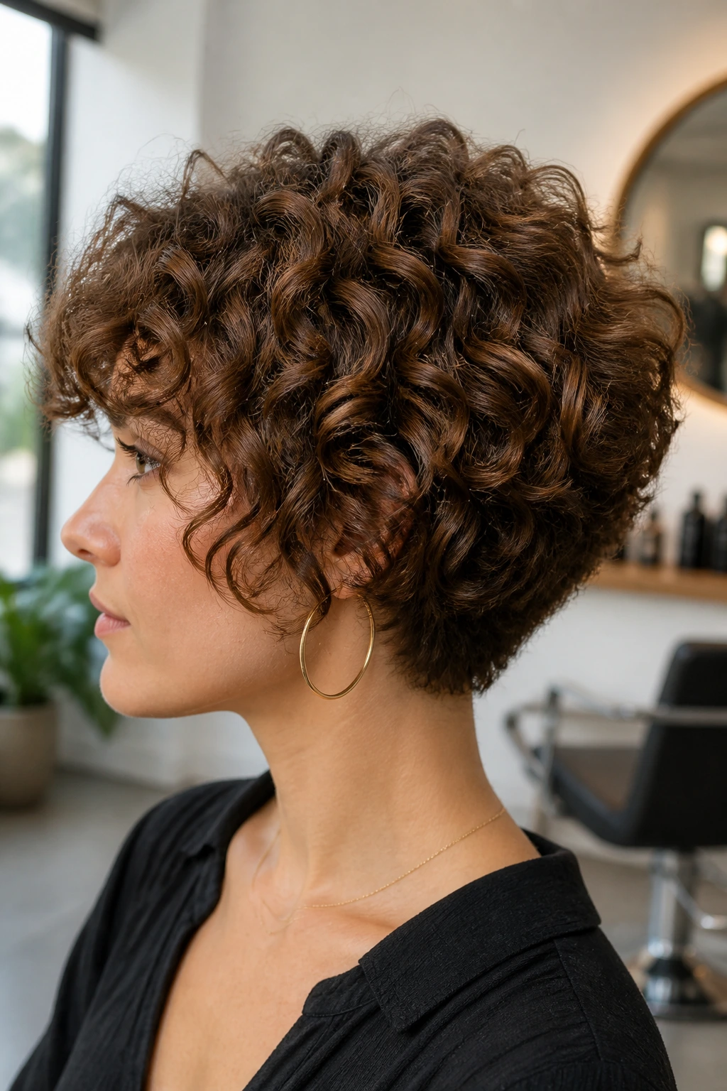 Portrait of a real woman with curly wedge haircut, shorter back and lifted crown.