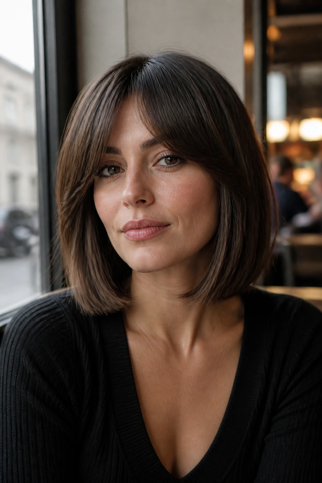 Close-up of a real woman with curtain bangs and blunt collarbone-length bob.