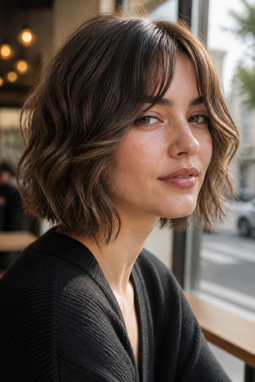 Close-up of a real woman with a bob and curtain bangs under cafe window light
